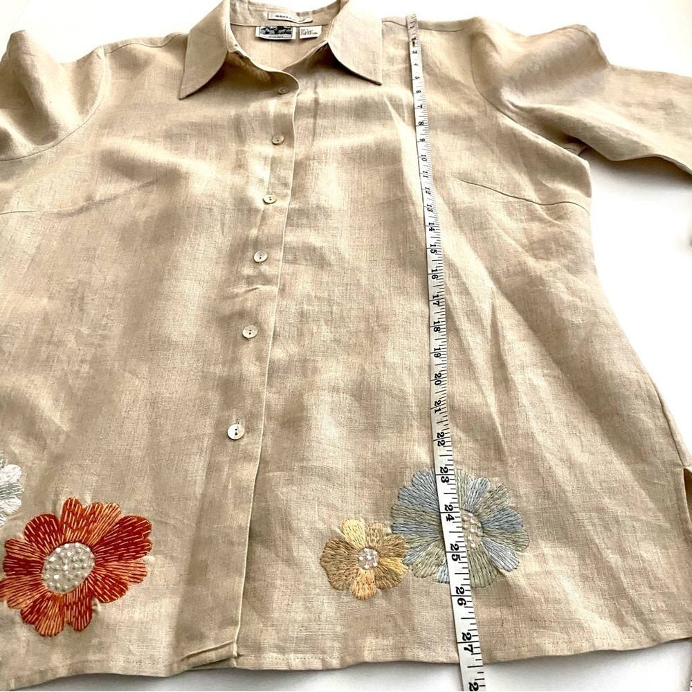 Tan Linen Button-down Top Sz Large Embroidered Floral Lagenlook Shirt Blouse - Picture 14 of 15